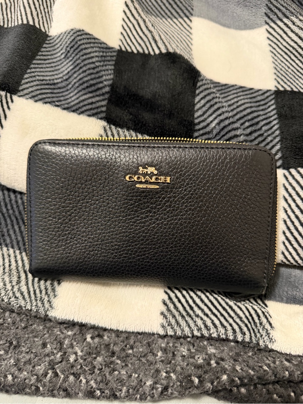 Coach Black Pebbled Leather Zip Wallet with Gold Zip